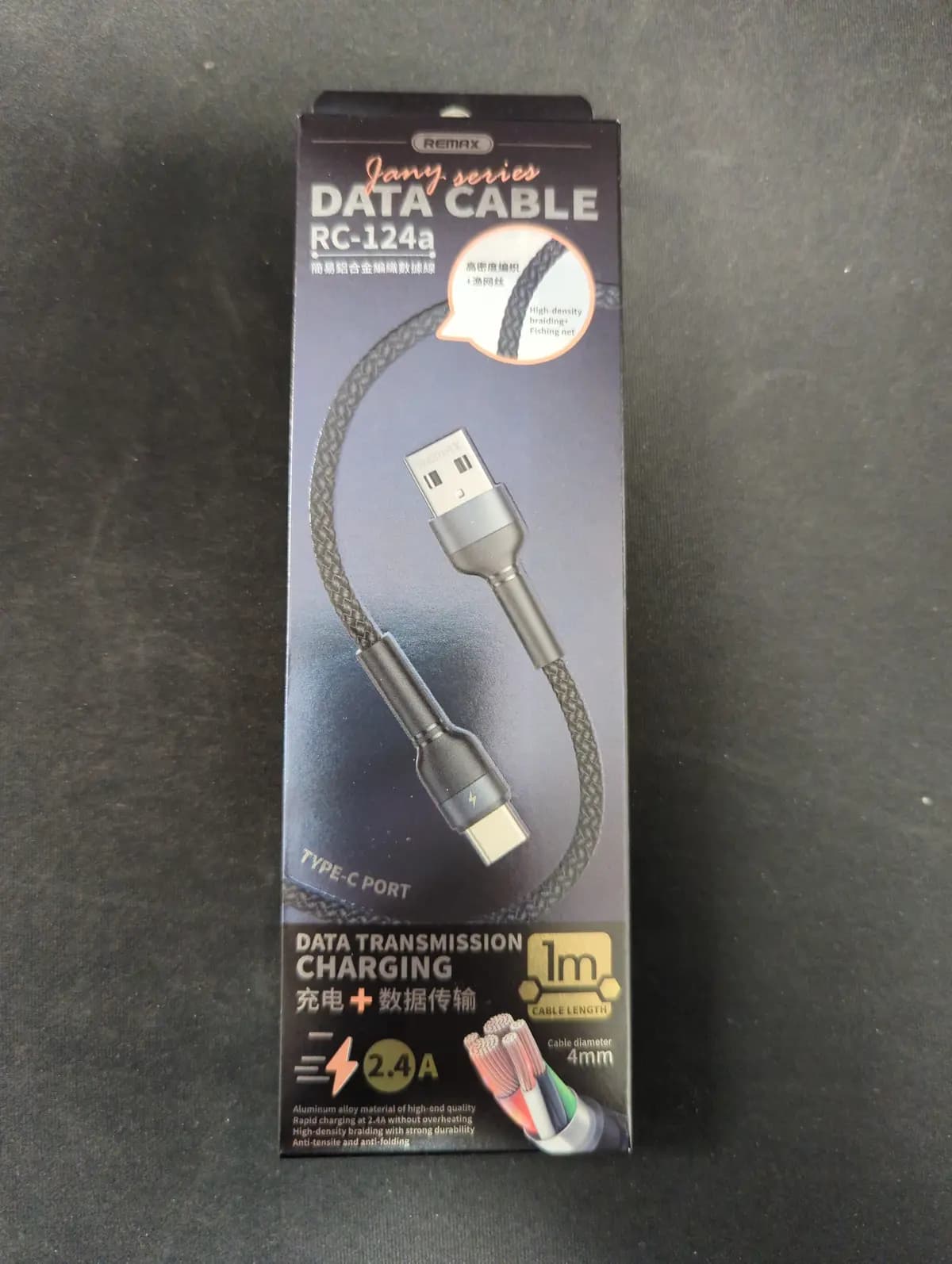 Cable USB-C Remax Jany Alloy, 1m, 2.4A (black)