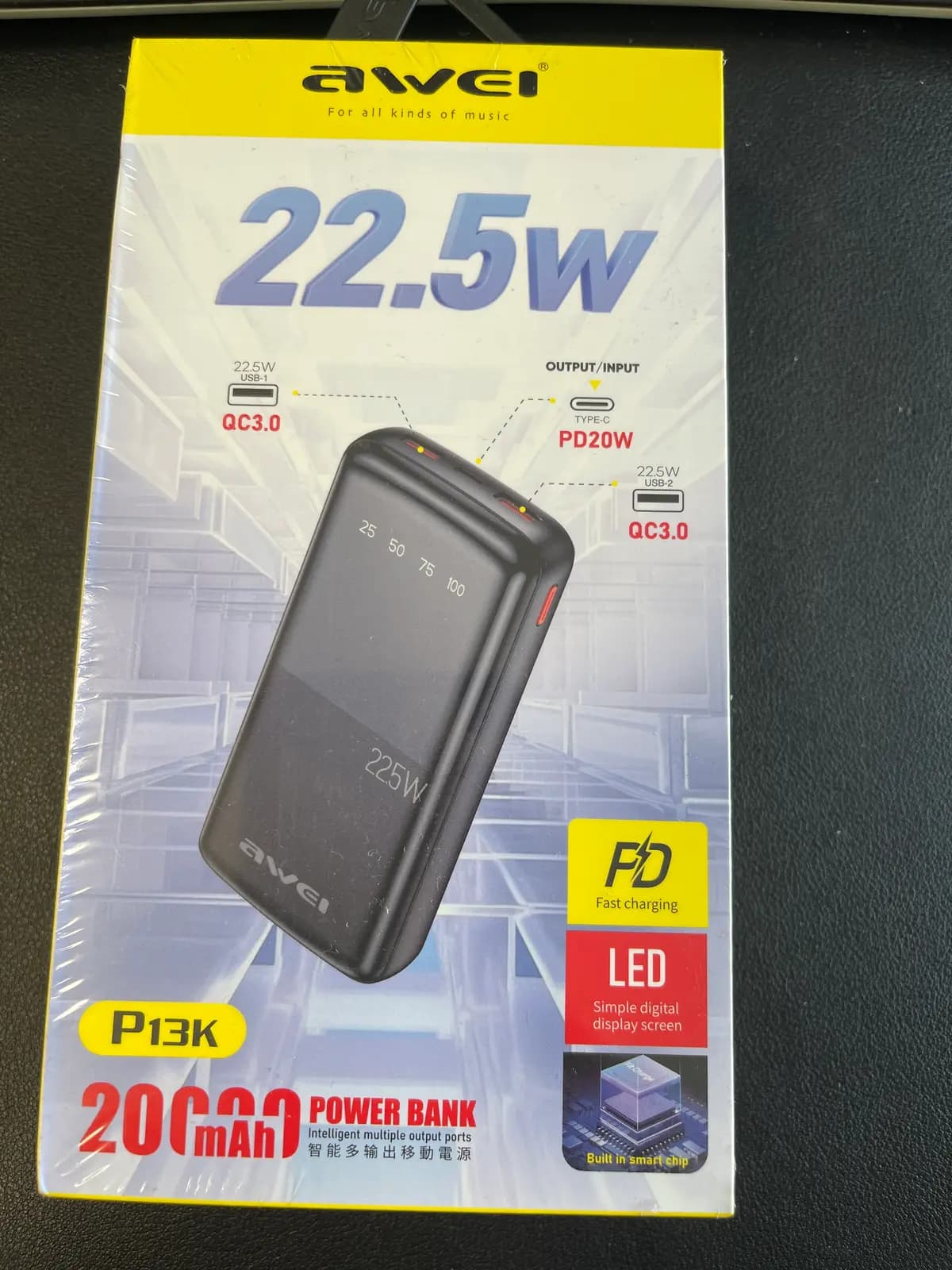 Išorinė baterija (Power Bank) Awei P13K, 20000mAh, 22.5W, juodas